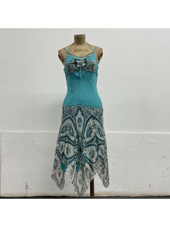 Dresses & Skirts - Vintage Y2K Blue Cocoon Beaded Mulberry Silk Handkerchief Fairy Dress